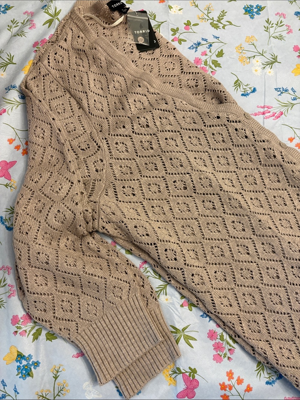 Torrid Taupe Gray Duster Length Openwork Diamond-Knit Cardigan NWT Size 4 - Picture 5 of 6